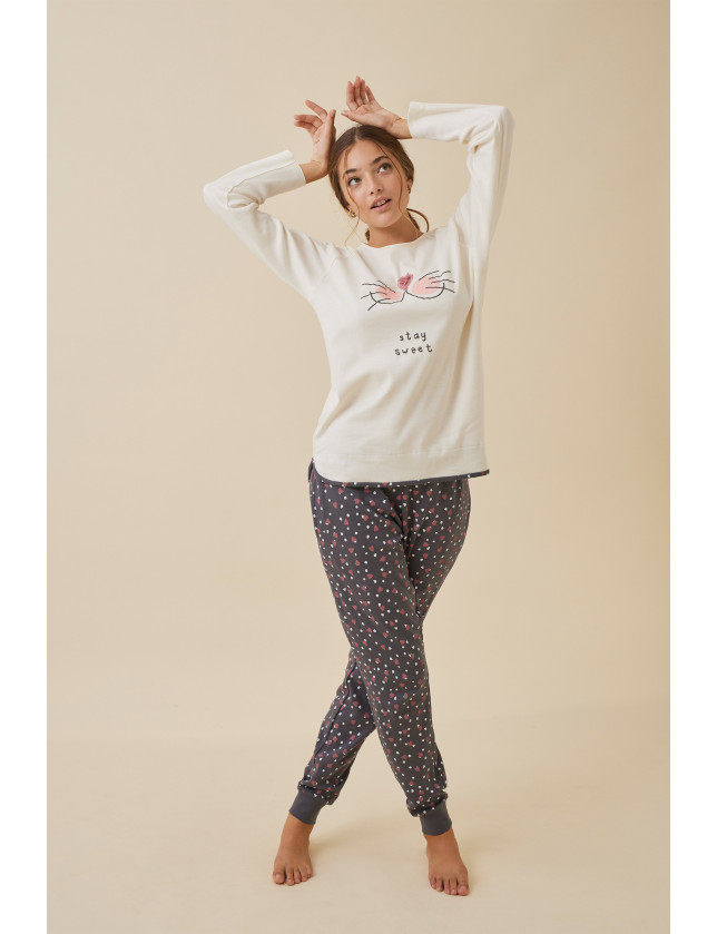 ORGANIC COTTON: PIJAMA PANTALÓN LARGO PUÑO CON CAMISETA MANGA LARGA INTERLOCK  100% ALGODÓN