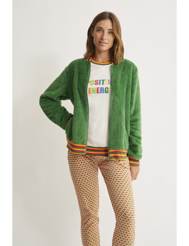 PIJAMA PANTALÓN LARGO PUÑO CON CAMISETA MANGA LARGA INTERLOCK PERCHADO INTERIOR. BOMBER TEJIDO PELUDO CON CREMALLERA