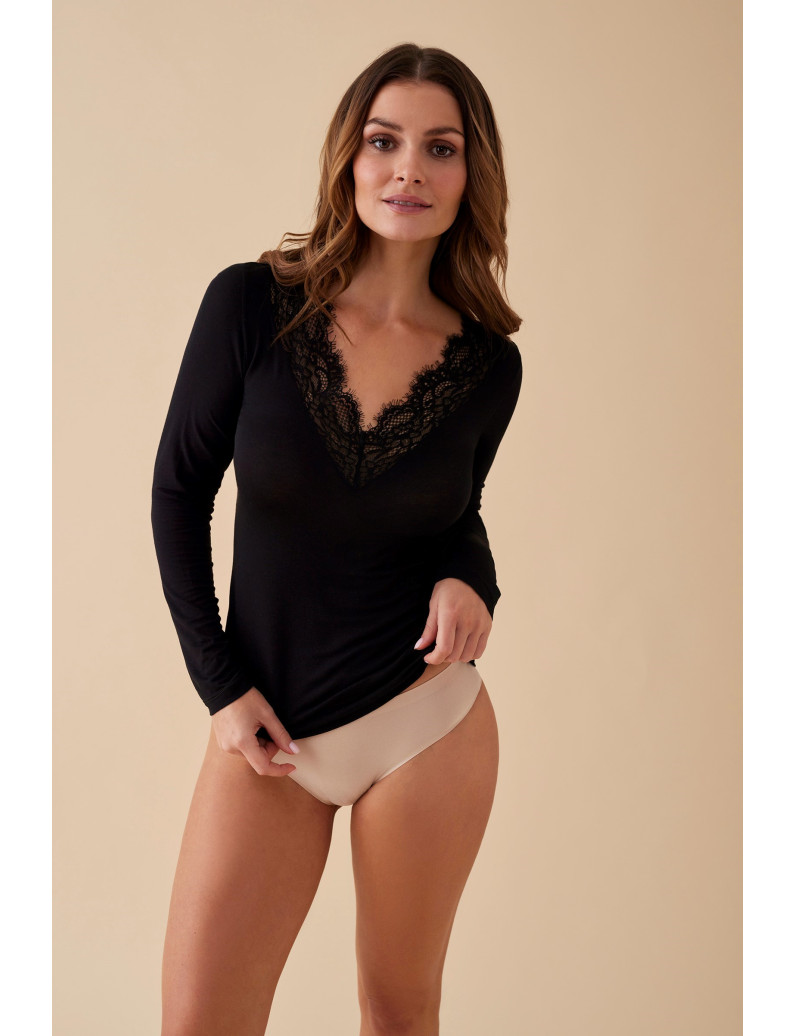 CAMISETA TÉRMICA MODAL CON LANA MANGA LARGA ENCAJE