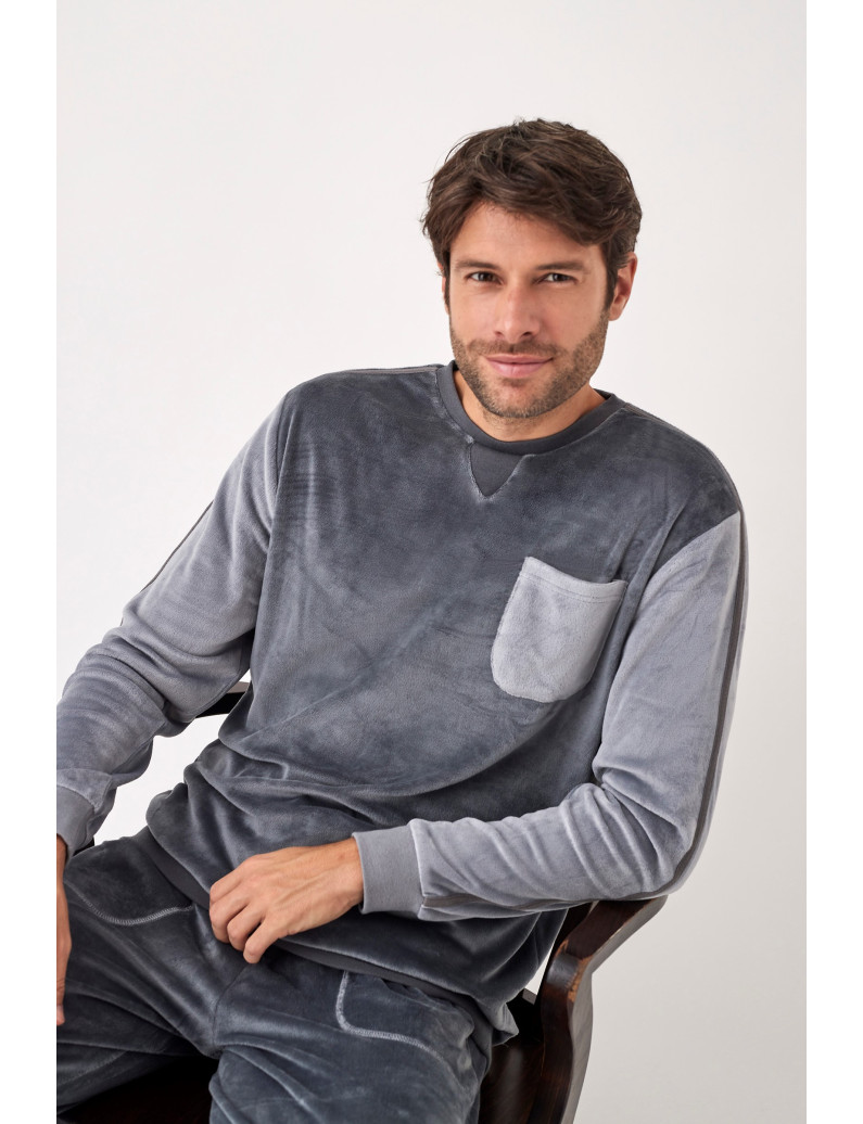 PIJAMA PANTALÓN LARGO PUÑO CON SUDADERA MANGA LARGA TEJIDO SUAVE TERCIOPELO ELÁSTICO