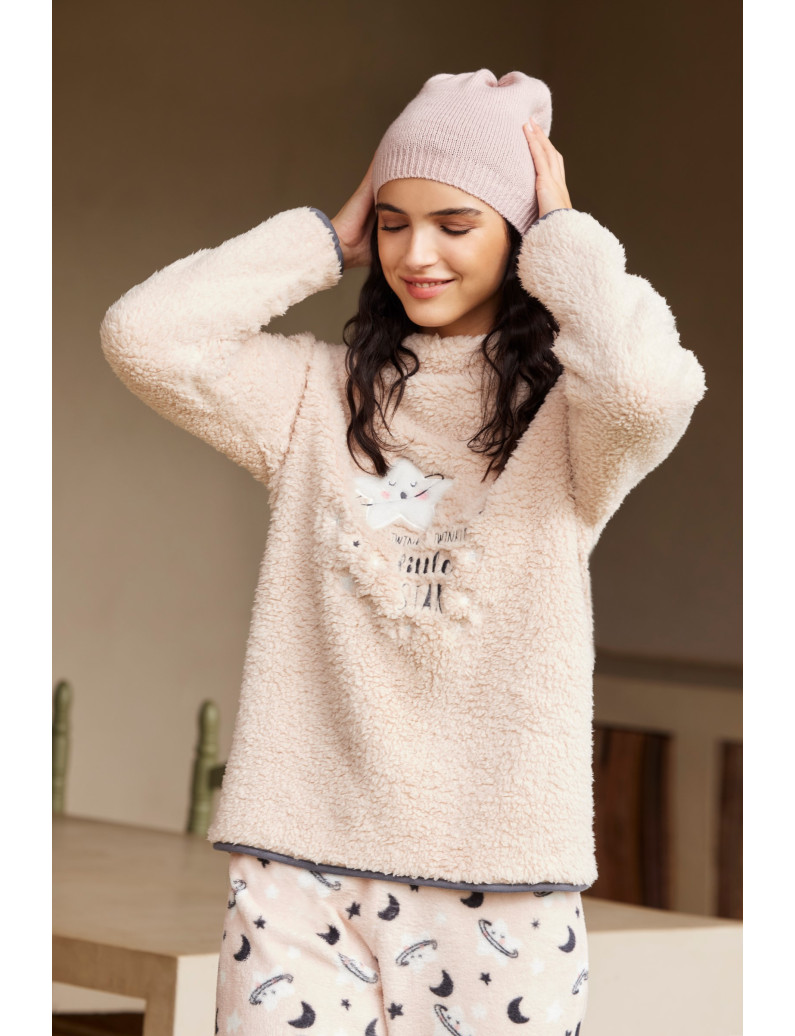 PIJAMA PANTALÓN LARGO TEJIDO PELUDO Y SUDADERA MANGA LARGA TEJIDO BORREGUITO. DIADEMA A JUEGO DE REGALO!