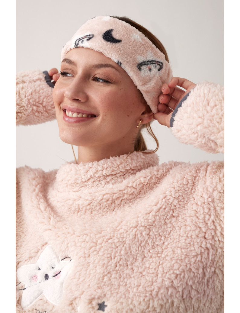 PIJAMA PANTALÓN LARGO TEJIDO PELUDO Y SUDADERA MANGA LARGA TEJIDO BORREGUITO. DIADEMA A JUEGO DE REGALO!