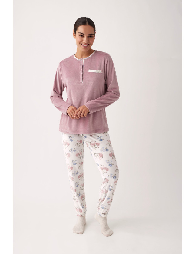 PIJAMA PANTALÓN LARGO PUÑO CON CAMISETA MANGA LARGA REALIZADO EN SUAVE TERCIOPELO ELÁSTICO