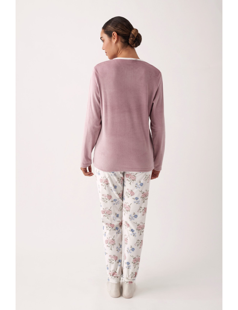PIJAMA PANTALÓN LARGO PUÑO CON CAMISETA MANGA LARGA REALIZADO EN SUAVE TERCIOPELO ELÁSTICO