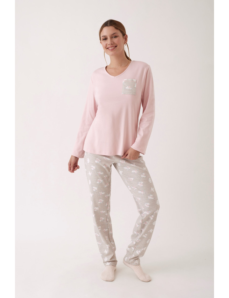 PIJAMA PANTALÓN LARGO CON CAMISETA MANGA LARGA 100% ALGODÓN CON ACABADO INTERIOR SUAVE