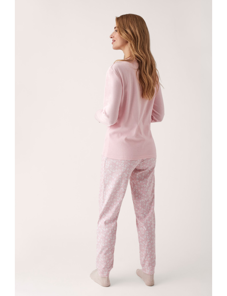 PIJAMA PANTALÓN LARGO PUÑO CON CAMISETA MANGA LARGA ALGODÓN CON ACABADO INTERIOR SUAVE