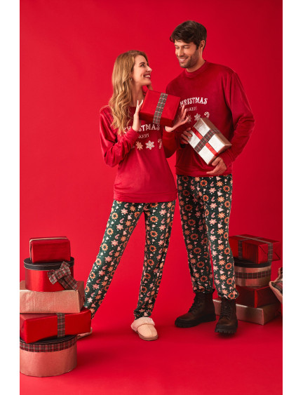 PIJAMA NAVIDEÑO PANTALÓN LARGO CON SUDADERA MANGA LARGA TEJIDO SUAVE TERCIOPELO ELÁSTICO