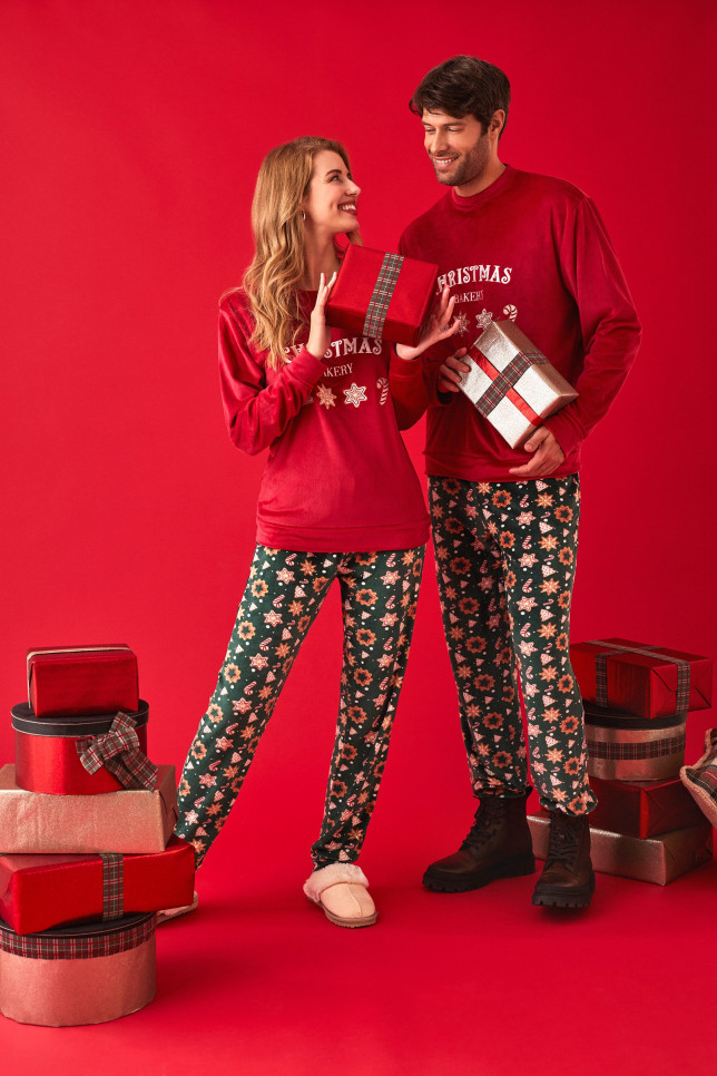 PIJAMA NAVIDEÑO PANTALÓN LARGO CON SUDADERA MANGA LARGA TEJIDO SUAVE TERCIOPELO ELÁSTICO