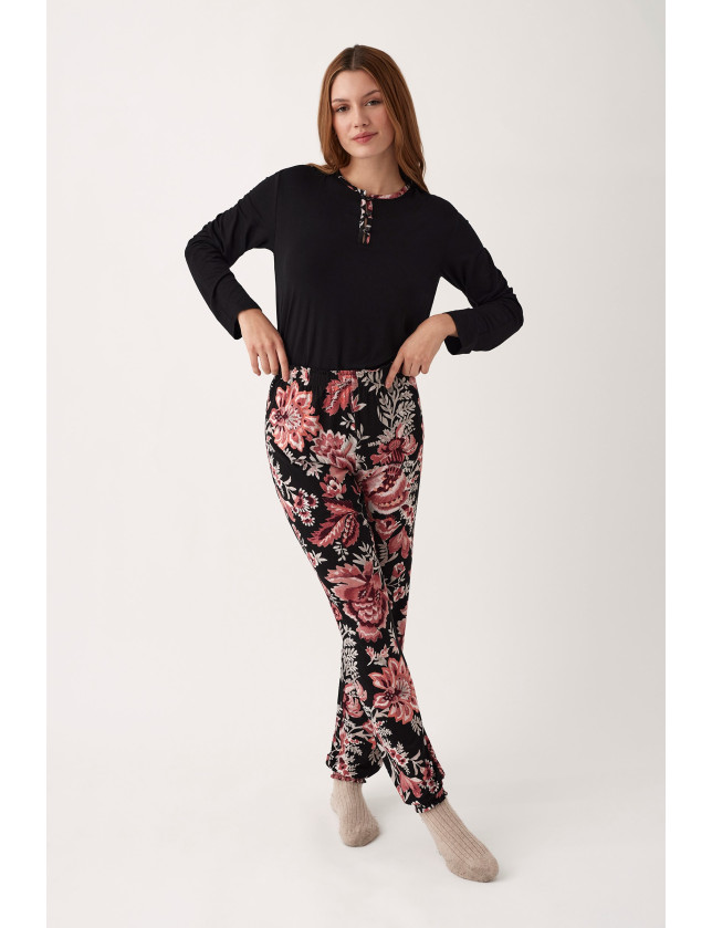 PIJAMA PANTALÓN LARGO PUÑO CON CAMISETA MANGA LARGA VISCOSA