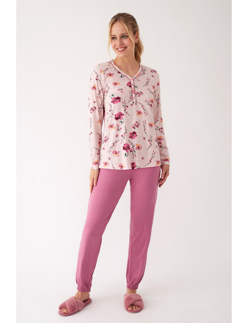 PIJAMA PANTALÓN LARGO PUÑO CON CAMISETA MANGA LARGA VISCOSA