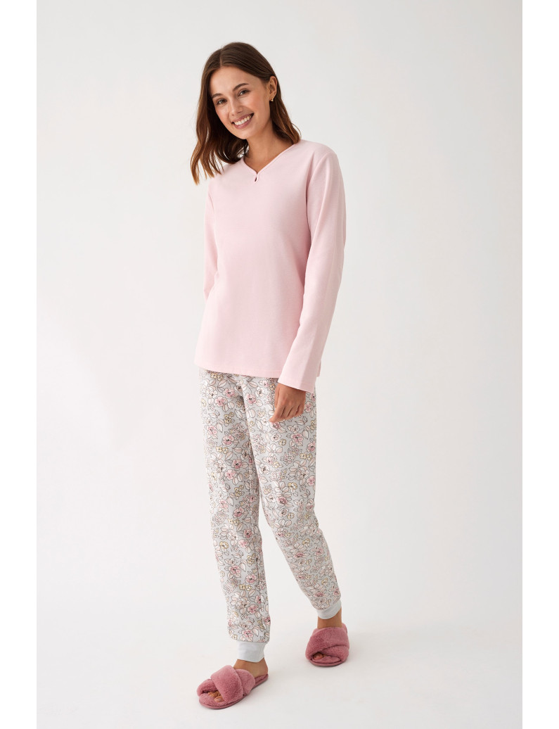 PIJAMA 3 PIEZAS PANTALÓN LARGO PUÑO CON CAMISETA MANGA LARGA INTERLOCK PERCHADO INTERIOR. BATA TEJIDO PELUDO CON CREMALLERA