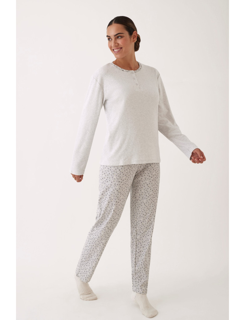 PIJAMA PANTALÓN LARGO CON CAMISETA MANGA LARGA ALGODÓN CON ACABADO INTERIOR SUAVE