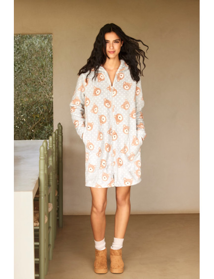 BATA CON CREMALLERA DE DOBLE APERTURA TEJIDO PELUDO ESTAMPADO OSITOS
