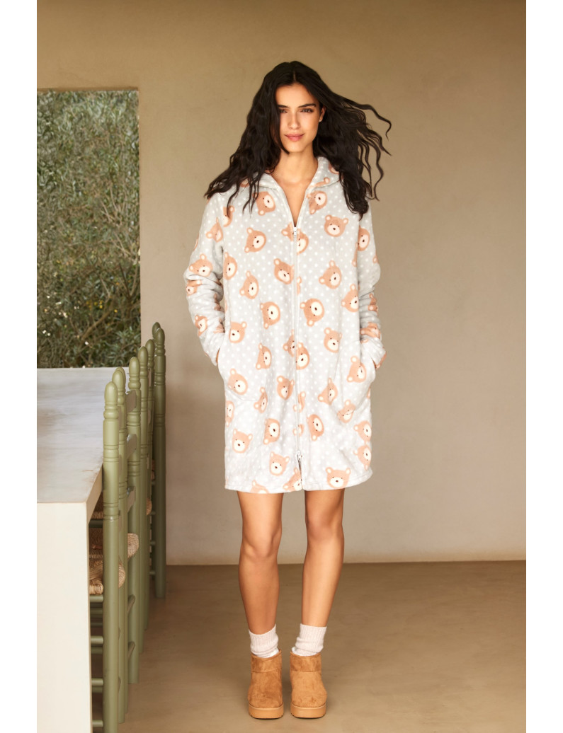 BATA CON CREMALLERA DE DOBLE APERTURA TEJIDO PELUDO ESTAMPADO OSITOS