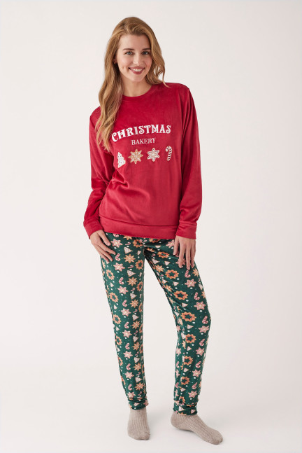 PIJAMA NAVIDEÑO PANTALÓN LARGO PUÑO CON CAMISETA MANGA LARGA REALIZADO EN SUAVE TERCIOPELO ELÁSTICO