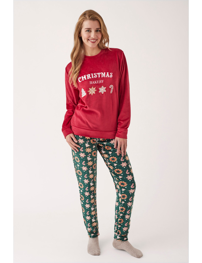 PIJAMA NAVIDEÑO PANTALÓN LARGO PUÑO CON CAMISETA MANGA LARGA REALIZADO EN SUAVE TERCIOPELO ELÁSTICO