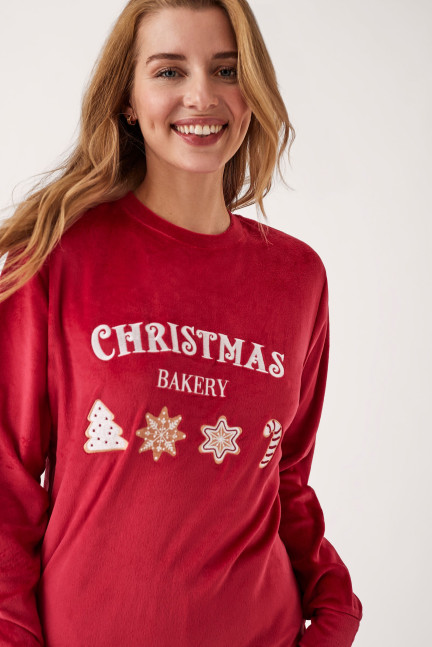 PIJAMA NAVIDEÑO PANTALÓN LARGO PUÑO CON CAMISETA MANGA LARGA REALIZADO EN SUAVE TERCIOPELO ELÁSTICO