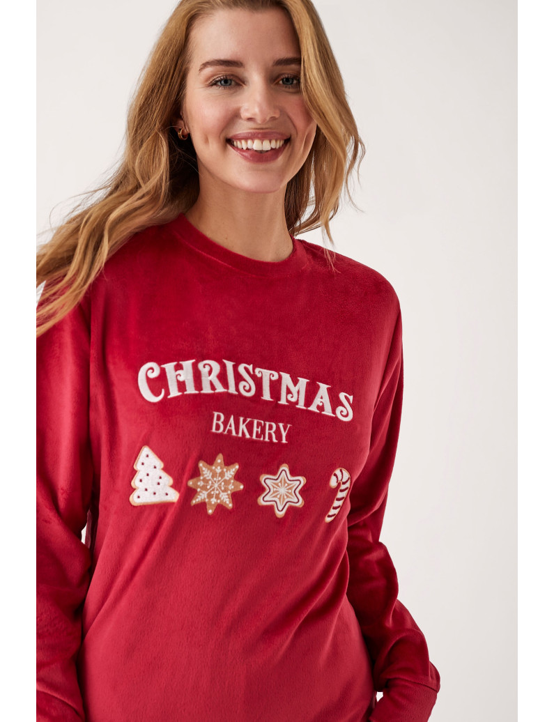PIJAMA NAVIDEÑO PANTALÓN LARGO PUÑO CON CAMISETA MANGA LARGA REALIZADO EN SUAVE TERCIOPELO ELÁSTICO