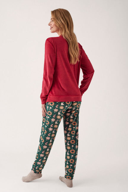 PIJAMA NAVIDEÑO PANTALÓN LARGO PUÑO CON CAMISETA MANGA LARGA REALIZADO EN SUAVE TERCIOPELO ELÁSTICO