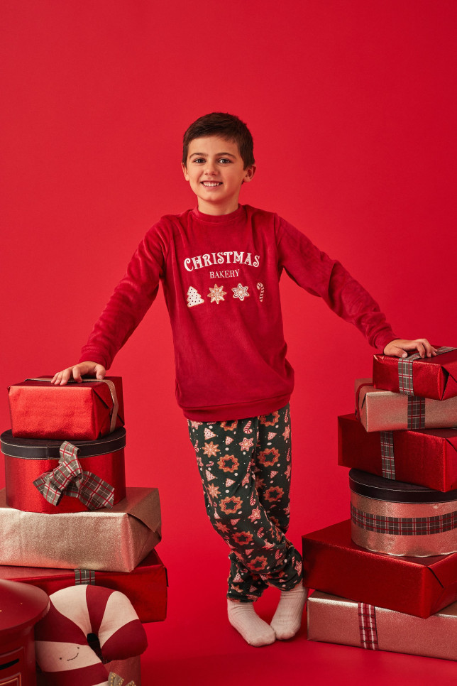 PIJAMA NAVIDEÑO INFANTIL PANTALÓN LARGO PUÑO CON CAMISETA MANGA LARGA REALIZADO EN SUAVE TERCIOPELO ELÁSTICO. NIÑO/NIÑA