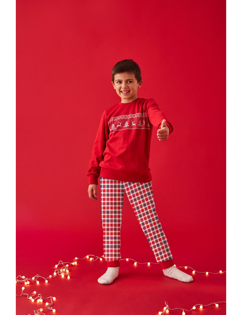 PIJAMA NAVIDEÑO INFANTIL PANTALÓN LARGO PUÑO CON CAMISETA MANGA LARGA ALGODÓN CON ACABADO INTERIOR MUY SUAVE. NIÑO/NIÑA