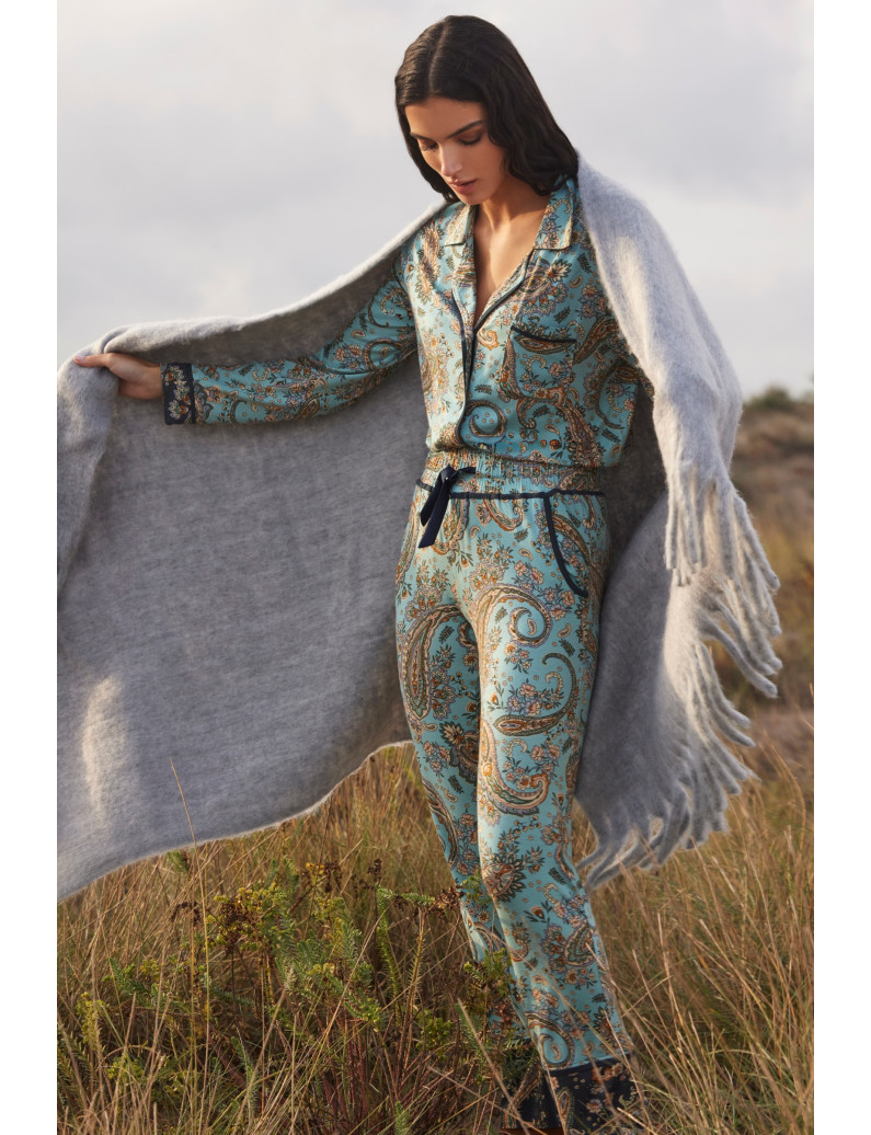 PIJAMA ESMOQUIN PANTALÓN LARGO CON CAMISETA MANGA LARGA ABIERTA VISCOSA