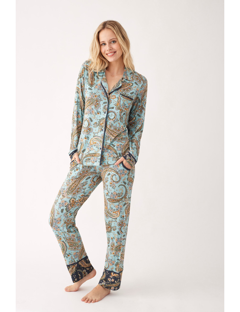 PIJAMA ESMOQUIN PANTALÓN LARGO CON CAMISETA MANGA LARGA ABIERTA VISCOSA