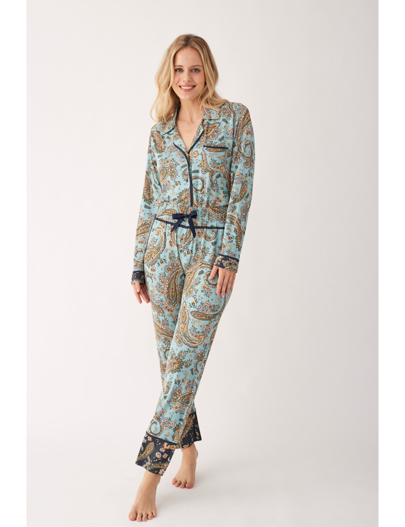 PIJAMA ESMOQUIN PANTALÓN LARGO CON CAMISETA MANGA LARGA ABIERTA VISCOSA