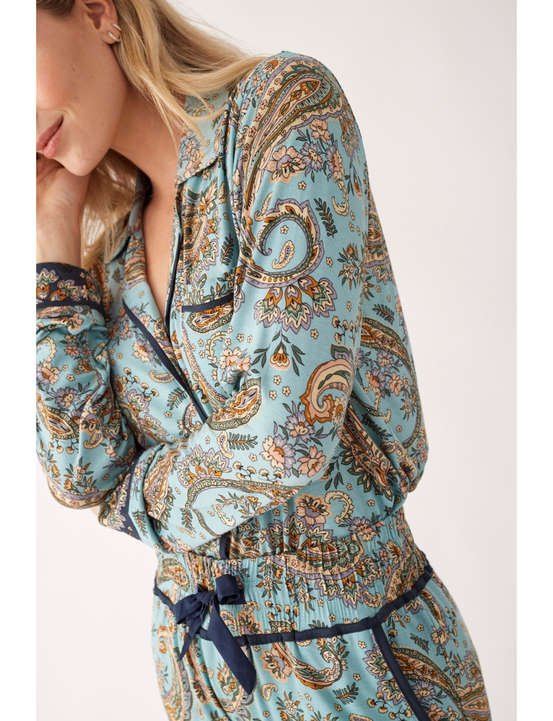 PIJAMA ESMOQUIN PANTALÓN LARGO CON CAMISETA MANGA LARGA ABIERTA VISCOSA