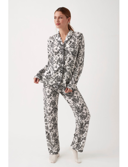 PIJAMA ESMOQUIN PANTALÓN LARGO CON CAMISETA MANGA LARGA ABIERTA VISCOSA