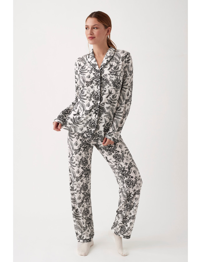 PIJAMA ESMOQUIN PANTALÓN LARGO CON CAMISETA MANGA LARGA ABIERTA VISCOSA