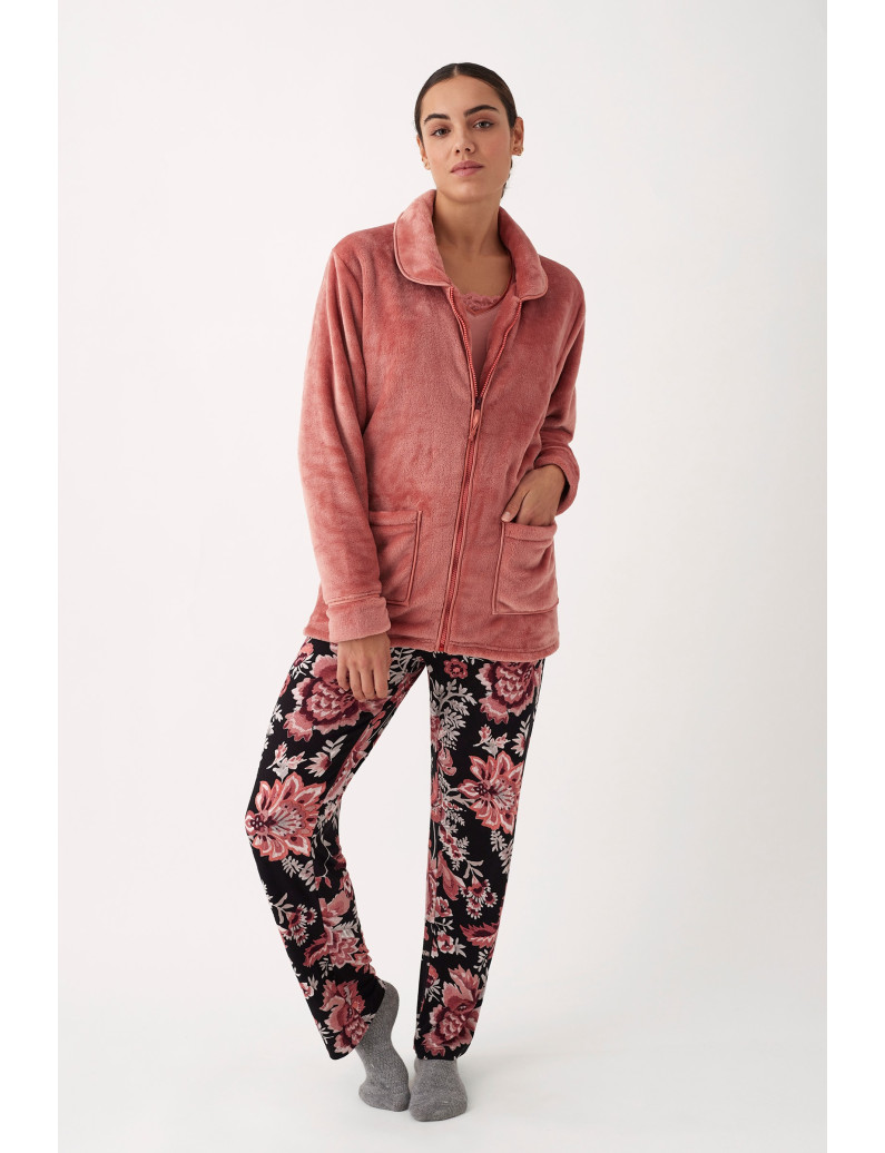 PIJAMA PANTALÓN LARGO CON CAMISETA MANGA LARGA VISCOSA CON BATA TEJIDO SEDALINA CON CREMALLERA