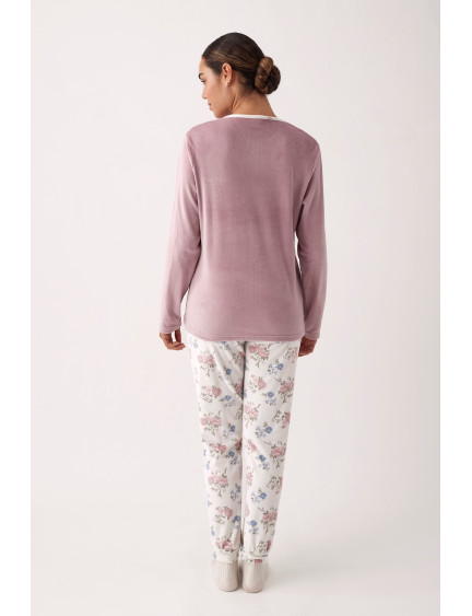 PIJAMA PANTALÓN LARGO PUÑO CON CAMISETA MANGA LARGA REALIZADO EN SUAVE TERCIOPELO ELÁSTICO