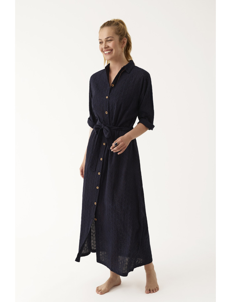 VESTIDO LARGO CAMISERO ALGODÓN CROCHET