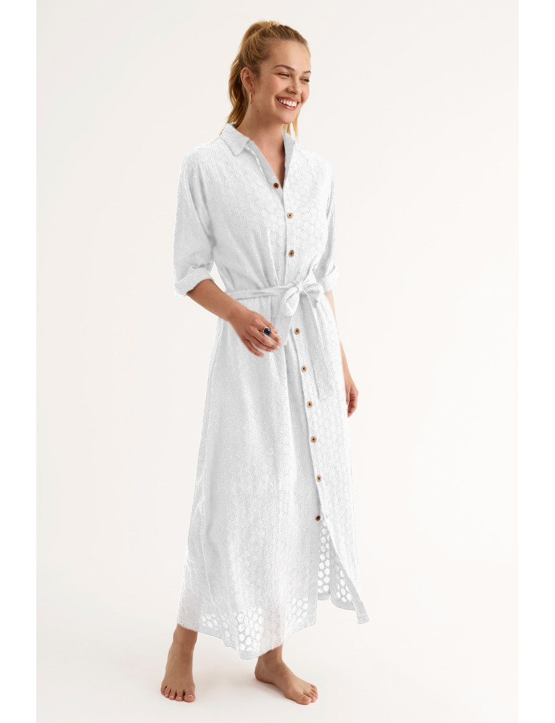 VESTIDO LARGO CAMISERO ALGODÓN CROCHET