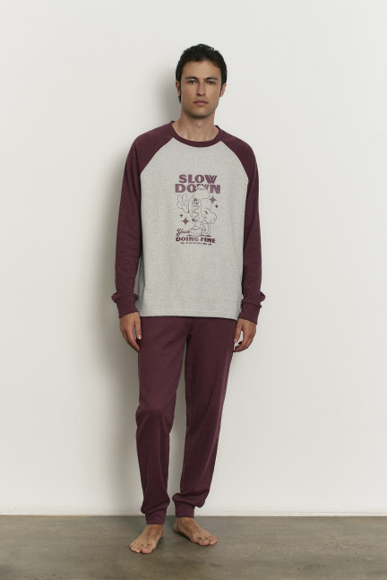 PIJAMA PANTALÓN LARGO PUÑO CON CAMISETA MANGA LARGA ALGODÓN CON ACABADO INTERIOR MUY SUAVE