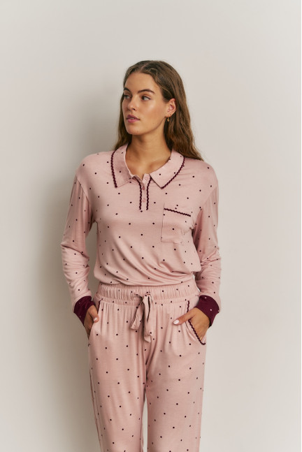 PIJAMA ESMOQUIN PANTALÓN LARGO CON CAMISETA MANGA LARGA VISCOSA