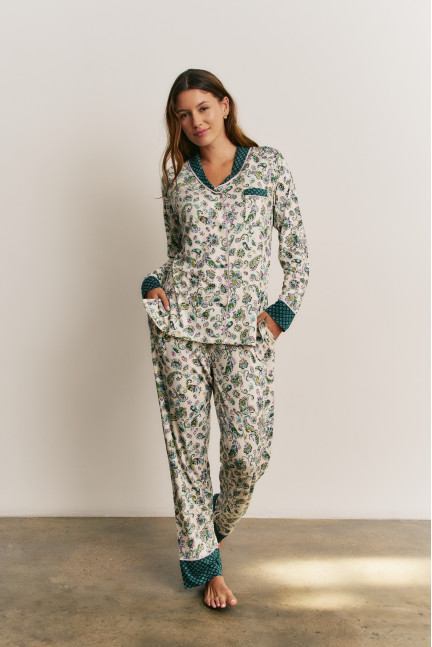PIJAMA ESMOQUIN PANTALÓN LARGO CON CAMISETA MANGA LARGA ABIERTA VISCOSA
