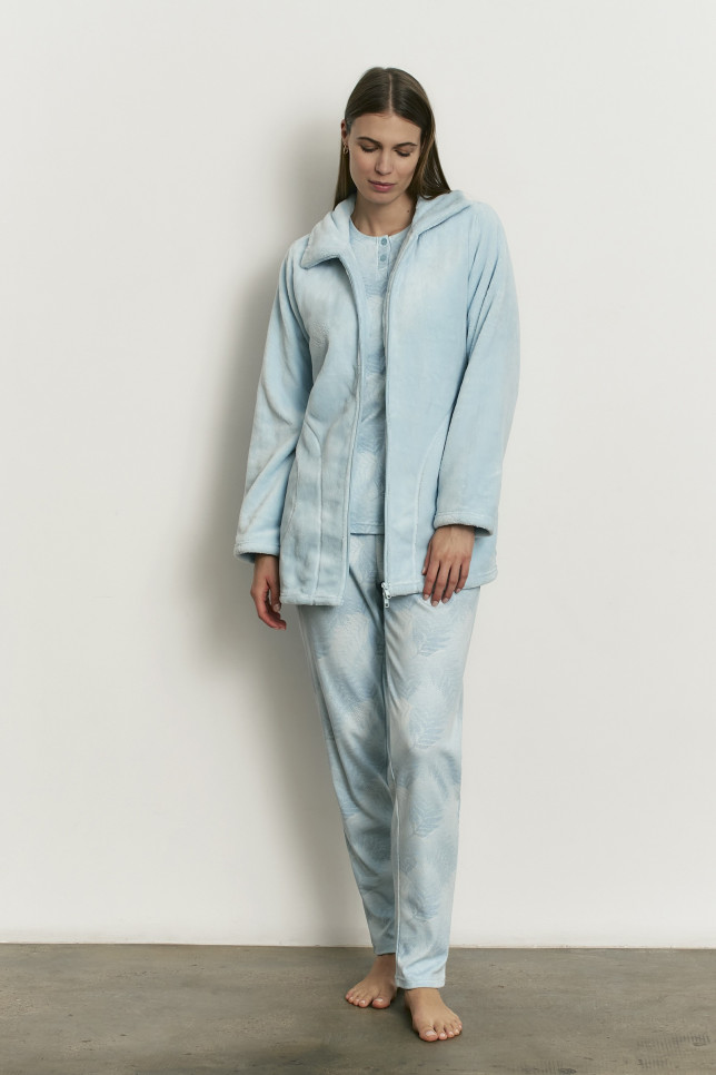PIJAMA 3 PIEZAS PANTALÓN LARGO CON CAMISETA MANGA LARGA ALGODÓN. BATA TEJIDO PELUDO CON CREMALLERA