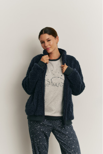 PIJAMA 3 PIEZAS PANTALÓN LARGO PUÑO CON CAMISETA MANGA LARGA ALGODÓN. BOMBER TEJIDO BORREGUITO CON CREMALLERA