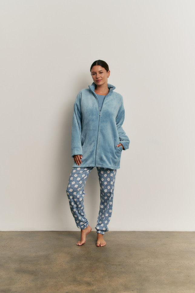 PIJAMA 3 PIEZAS PANTALÓN LARGO PUÑO CON CAMISETA MANGA LARGA ALGODÓN. BATA TEJIDO PELUDO CON CREMALLERA