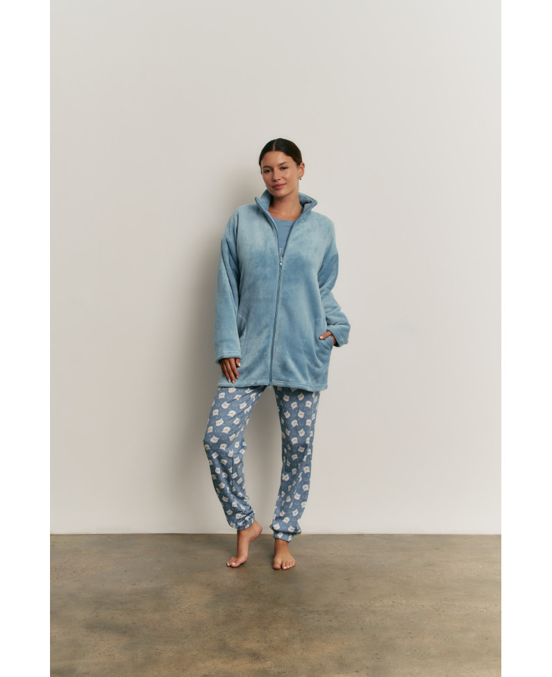 PIJAMA 3 PIEZAS PANTALÓN LARGO PUÑO CON CAMISETA MANGA LARGA ALGODÓN. BATA TEJIDO PELUDO CON CREMALLERA
