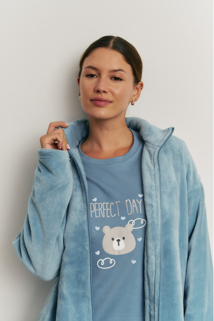 PIJAMA 3 PIEZAS PANTALÓN LARGO PUÑO CON CAMISETA MANGA LARGA ALGODÓN. BATA TEJIDO PELUDO CON CREMALLERA