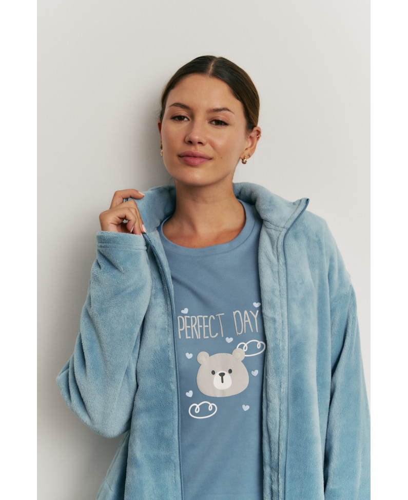 PIJAMA 3 PIEZAS PANTALÓN LARGO PUÑO CON CAMISETA MANGA LARGA ALGODÓN. BATA TEJIDO PELUDO CON CREMALLERA