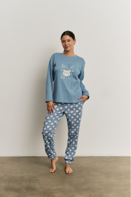 PIJAMA 3 PIEZAS PANTALÓN LARGO PUÑO CON CAMISETA MANGA LARGA ALGODÓN. BATA TEJIDO PELUDO CON CREMALLERA