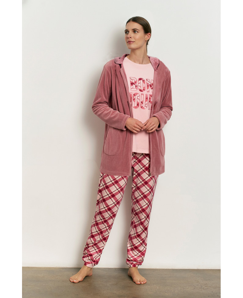 PIJAMA 3 PIEZAS PANTALÓN LARGO PUÑO CON CAMISETA MANGA LARGA REALIZADO EN SUAVE TERCIOPELO ELÁSTICO. BATA TEJIDO PELUDO CON CREM