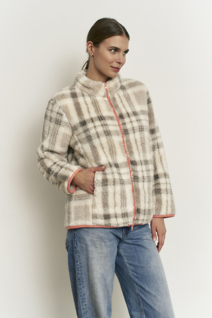 CHAQUETA CON CREMALLERA DE DOBLE APERTURA TEJIDO BORREGUITO ESTAMPADO CUADROS