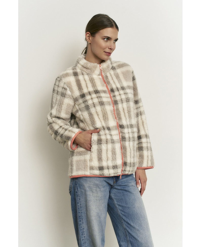 CHAQUETA CON CREMALLERA DE DOBLE APERTURA TEJIDO BORREGUITO ESTAMPADO CUADROS