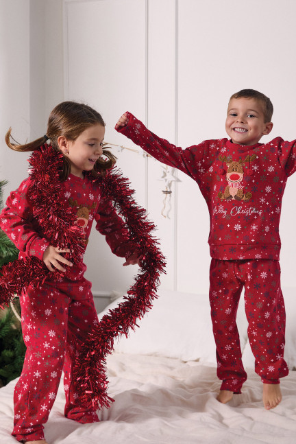 PIJAMA NAVIDEÑO PANTALÓN LARGO PUÑO CON CAMISETA MANGA LARGA ALGODÓN CON ACABADO INTERIOR MUY SUAVE. NIÑO/NIÑA