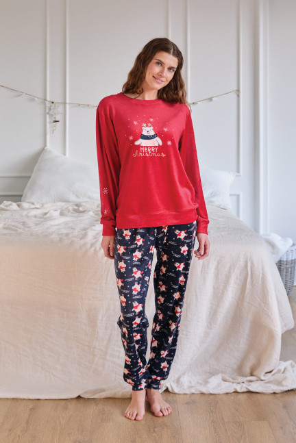 PIJAMA NAVIDEÑO PANTALÓN LARGO PUÑO CON CAMISETA MANGA LARGA REALIZADO EN SUAVE TERCIOPELO ELÁSTICO